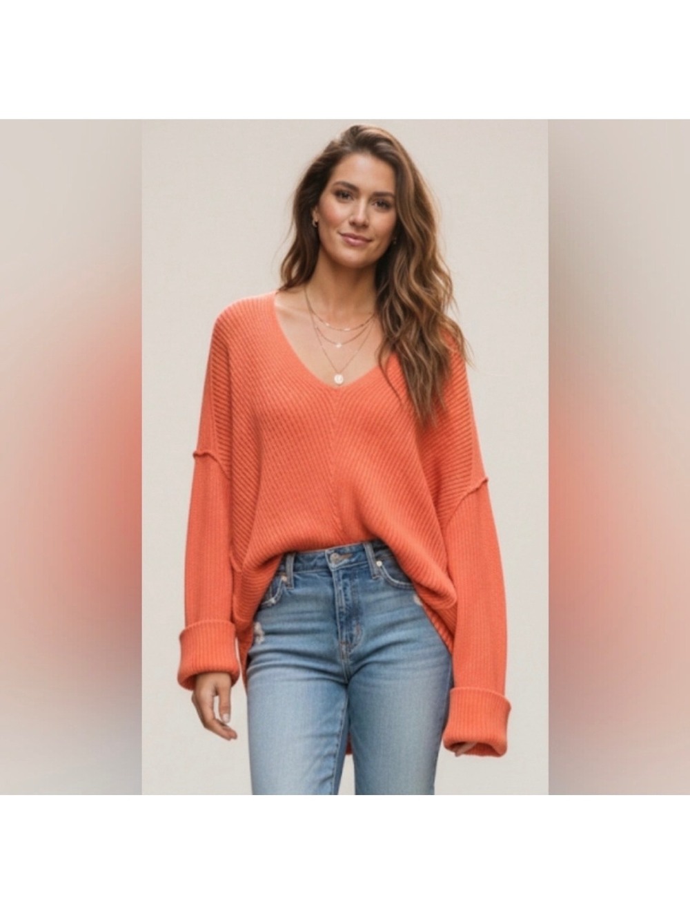 Free People Coral Oversized Ribbed Pullover Sweater Heavyweight Cotton Knit